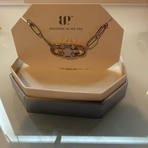 Designed in the USA Silver-Tone Link Necklace with White Stone Pendant